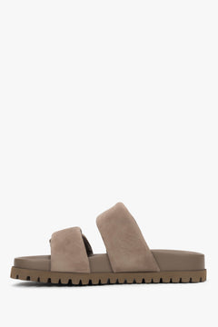 Side profile of women's taupe velour slide sandals with soft padded straps