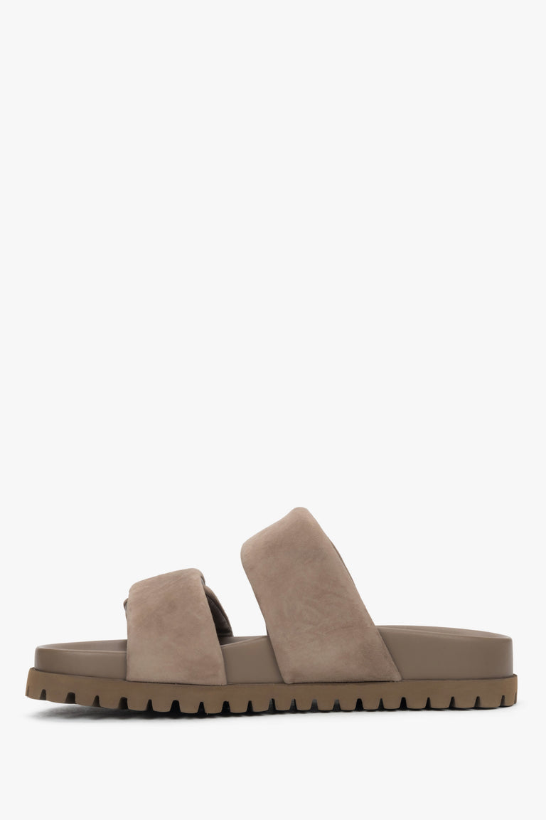 Side profile of women's taupe velour slide sandals with soft padded straps