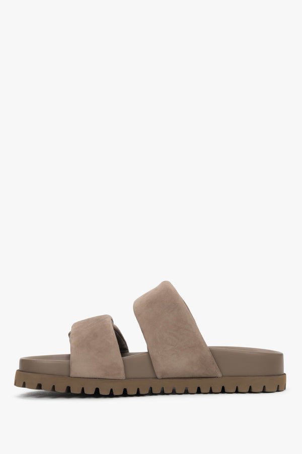 Side profile of women's taupe velour slide sandals with soft padded straps