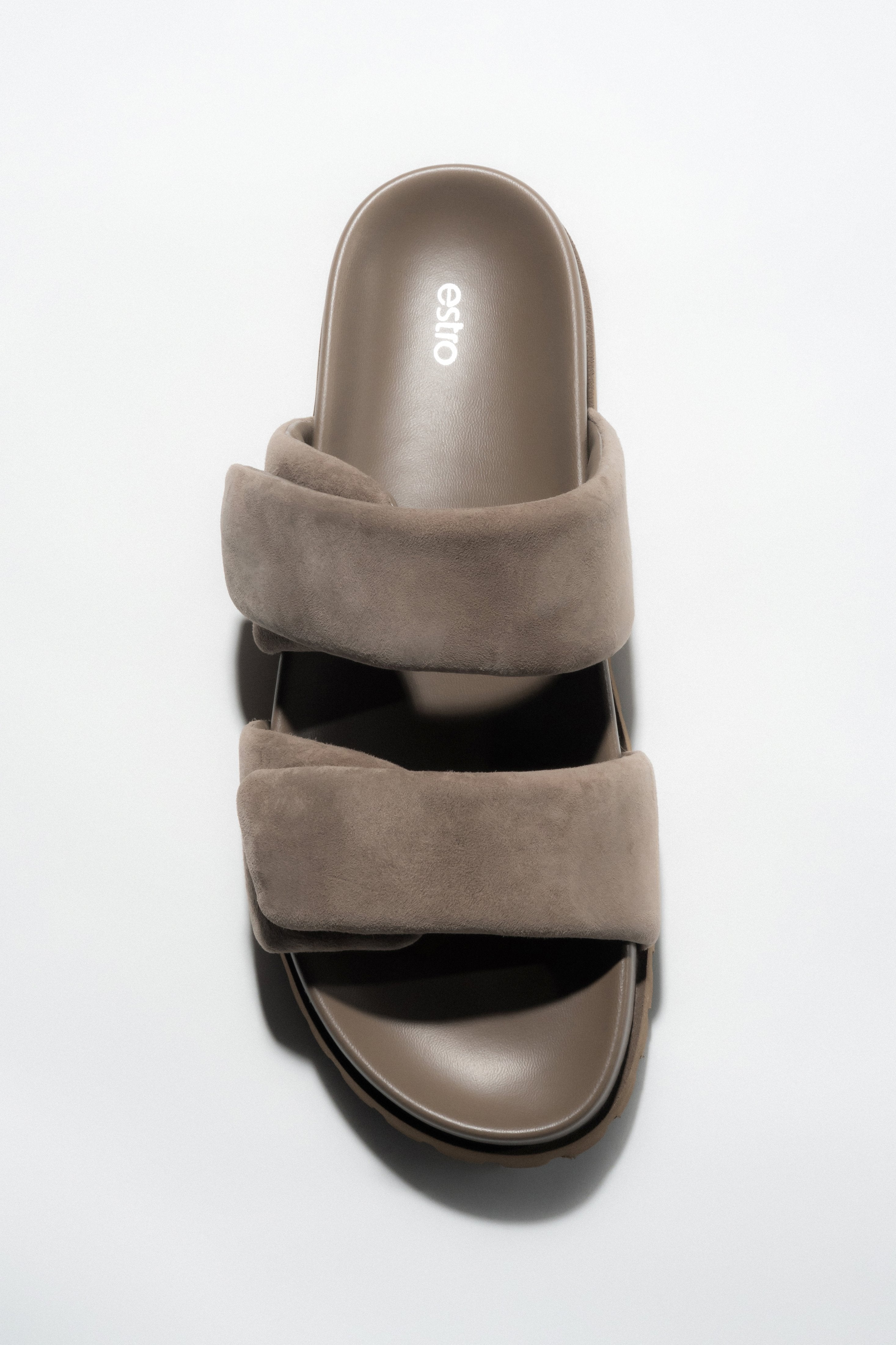Top view of women's taupe velour slide sandals by Estro