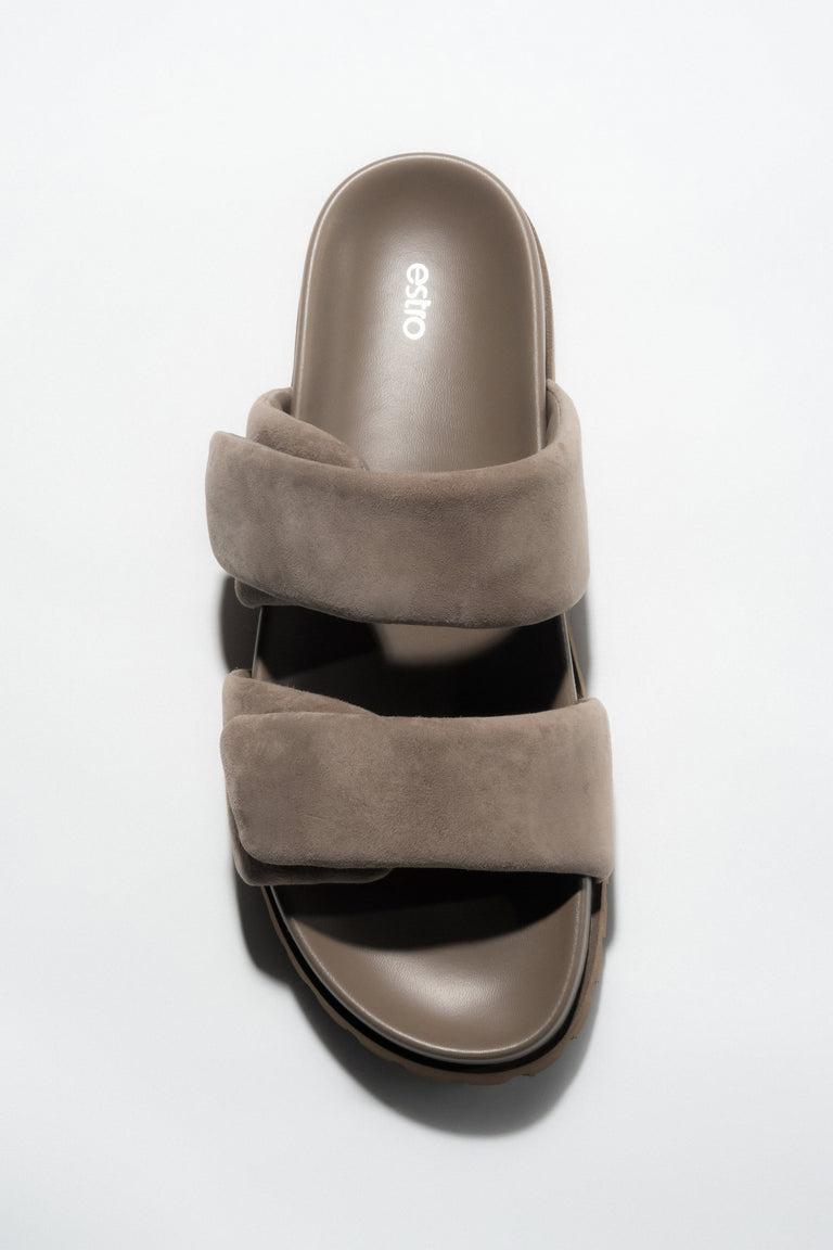 Top view of women's taupe velour slide sandals by Estro