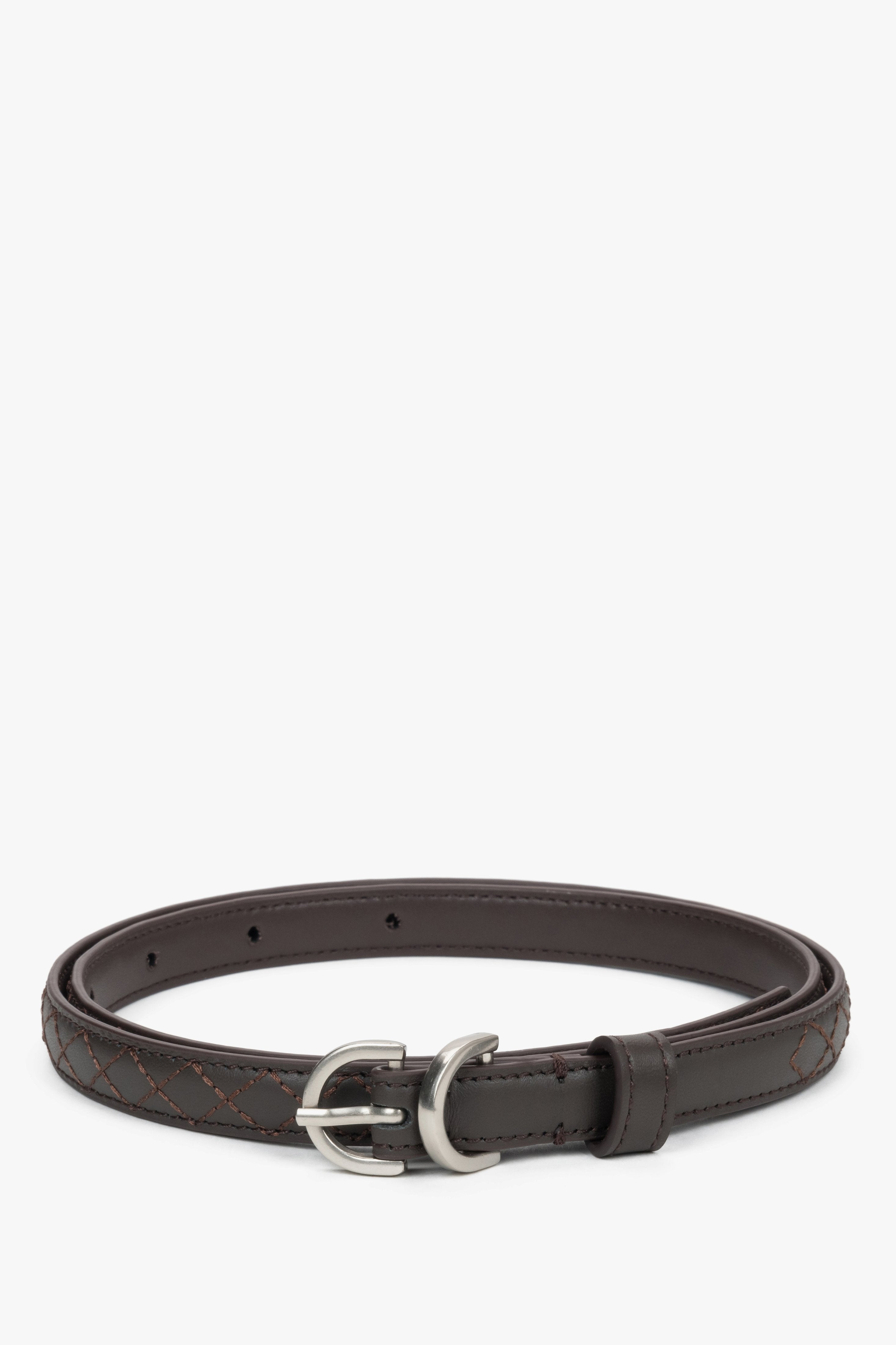 Women's Thin Dark Btown Genuine Leather Belt with Embossed Braided Pattern Estro ER00120740.