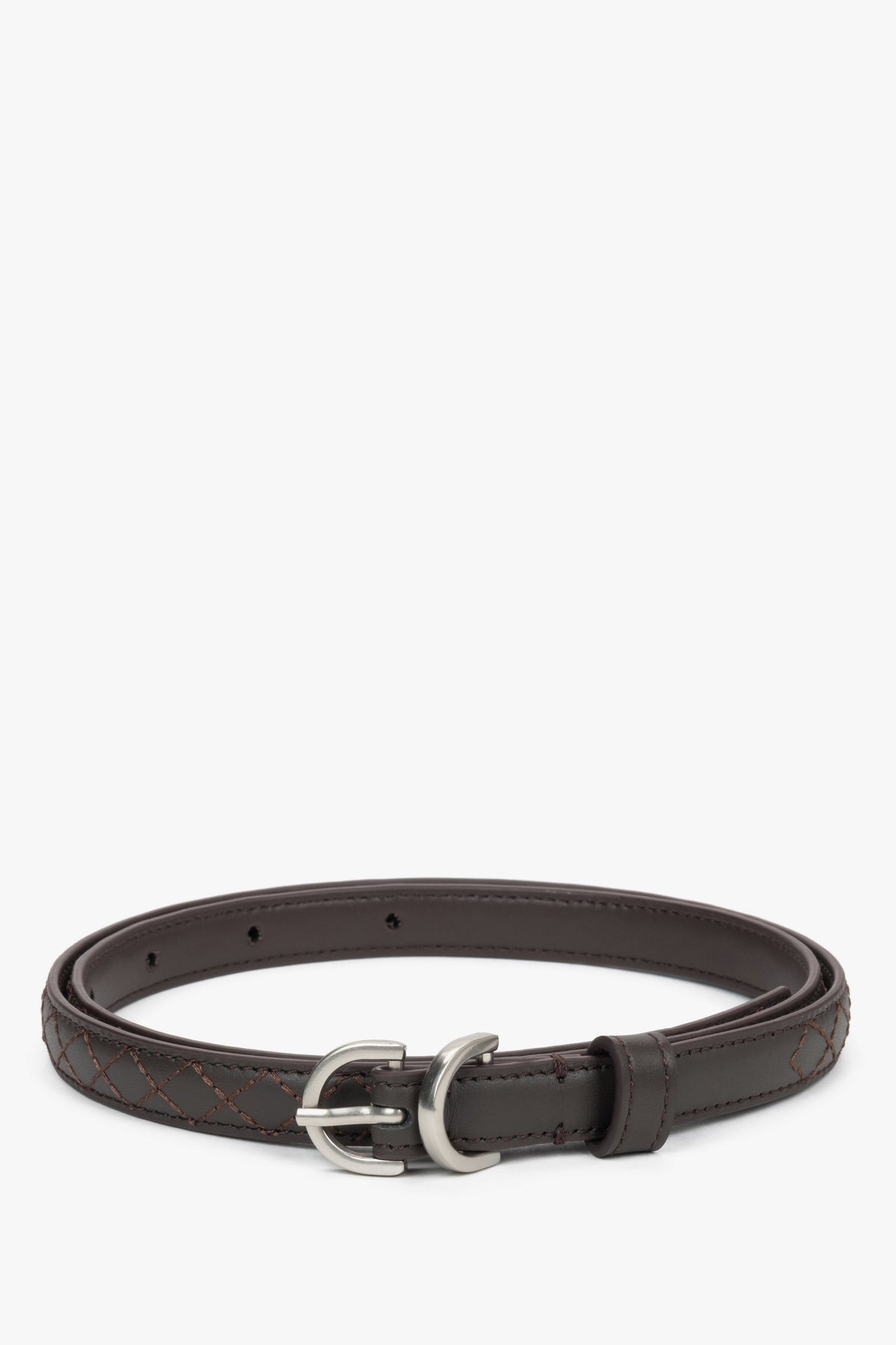 Women's Thin Dark Btown Genuine Leather Belt with Embossed Braided Pattern Estro ER00120740.