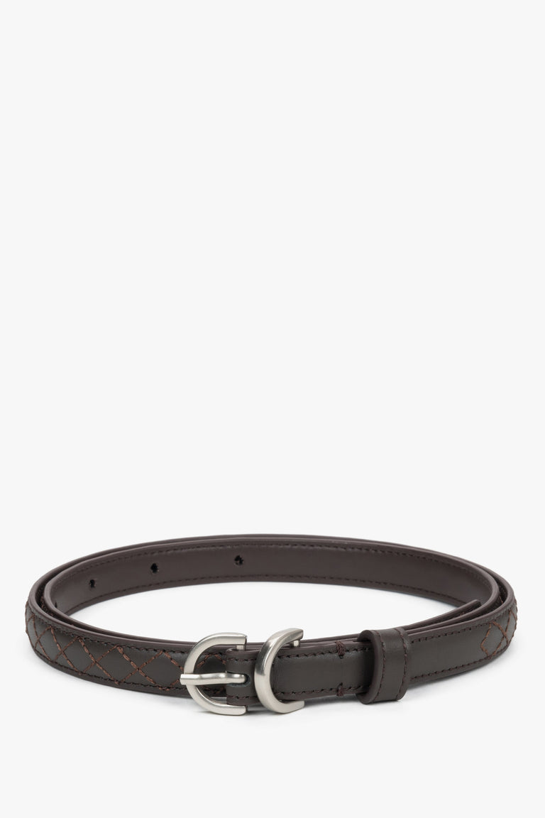 Women's Thin Dark Btown Genuine Leather Belt with Embossed Braided Pattern Estro ER00120740.