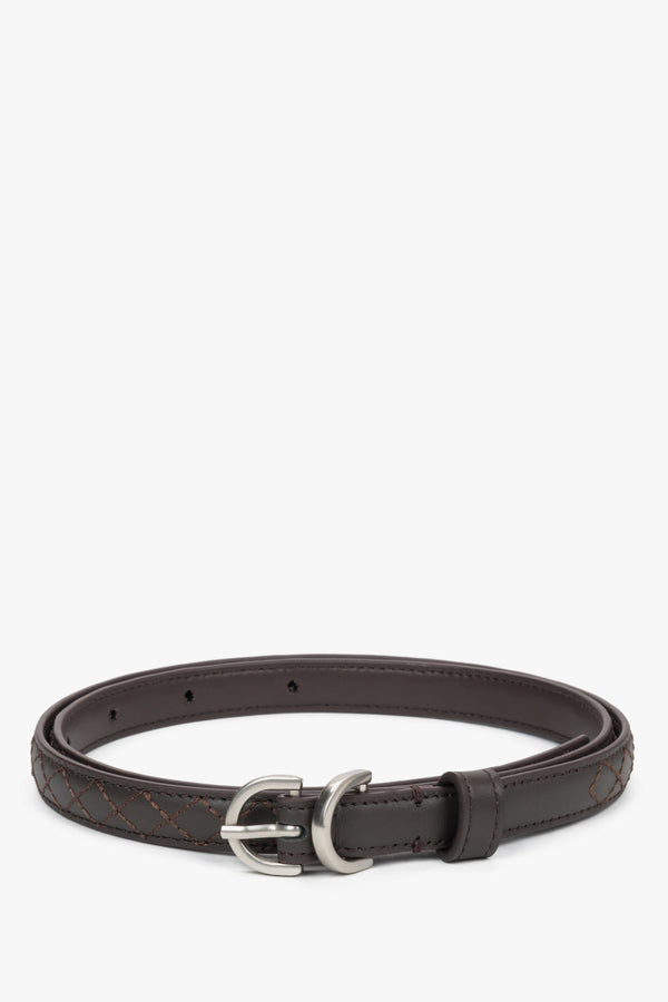 Women's Thin Dark Btown Genuine Leather Belt with Embossed Braided Pattern Estro ER00120740.
