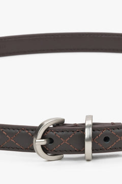 Thin dark brown leather belt with embossed braided pattern.