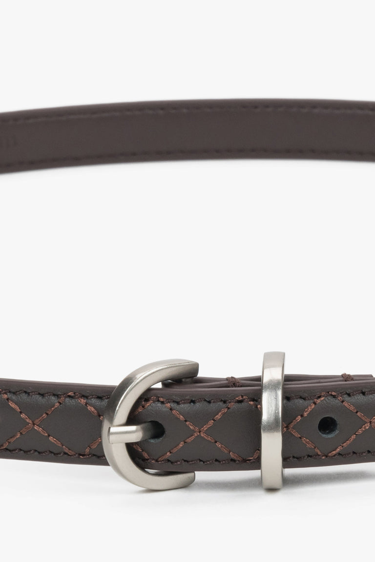 Thin dark brown leather belt with embossed braided pattern.