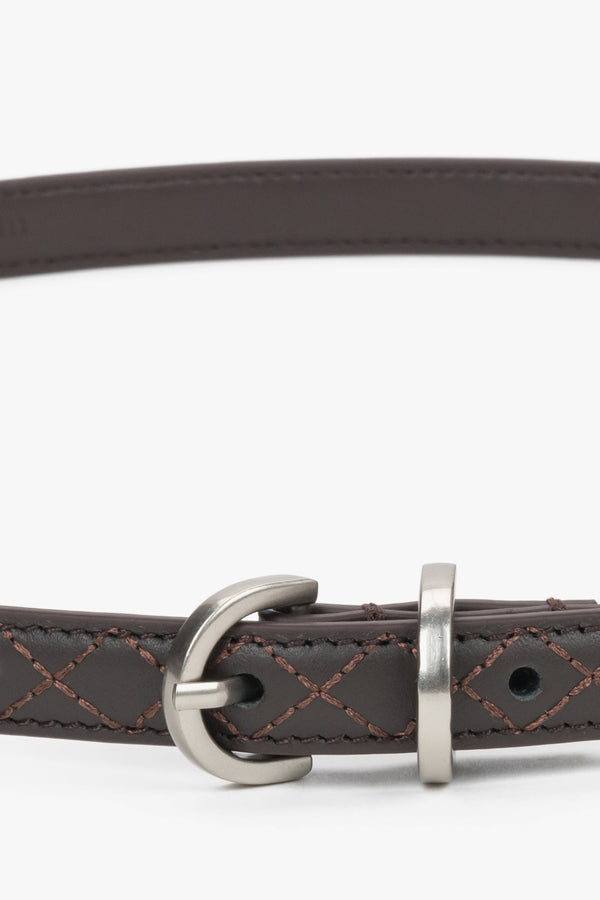 Thin dark brown leather belt with embossed braided pattern.