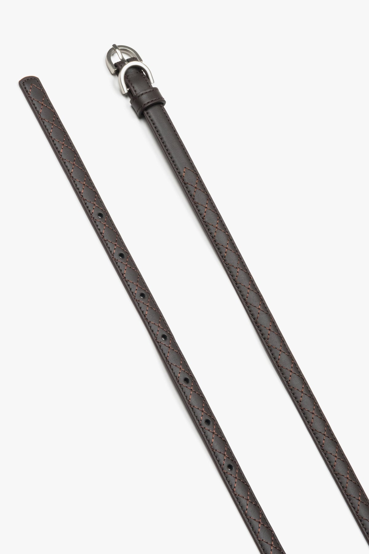Embossed braided pattern on a dark brown natural leather belt.