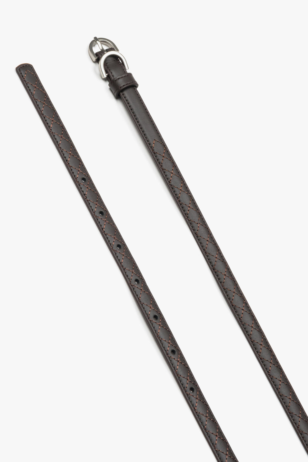 Embossed braided pattern on a dark brown natural leather belt.