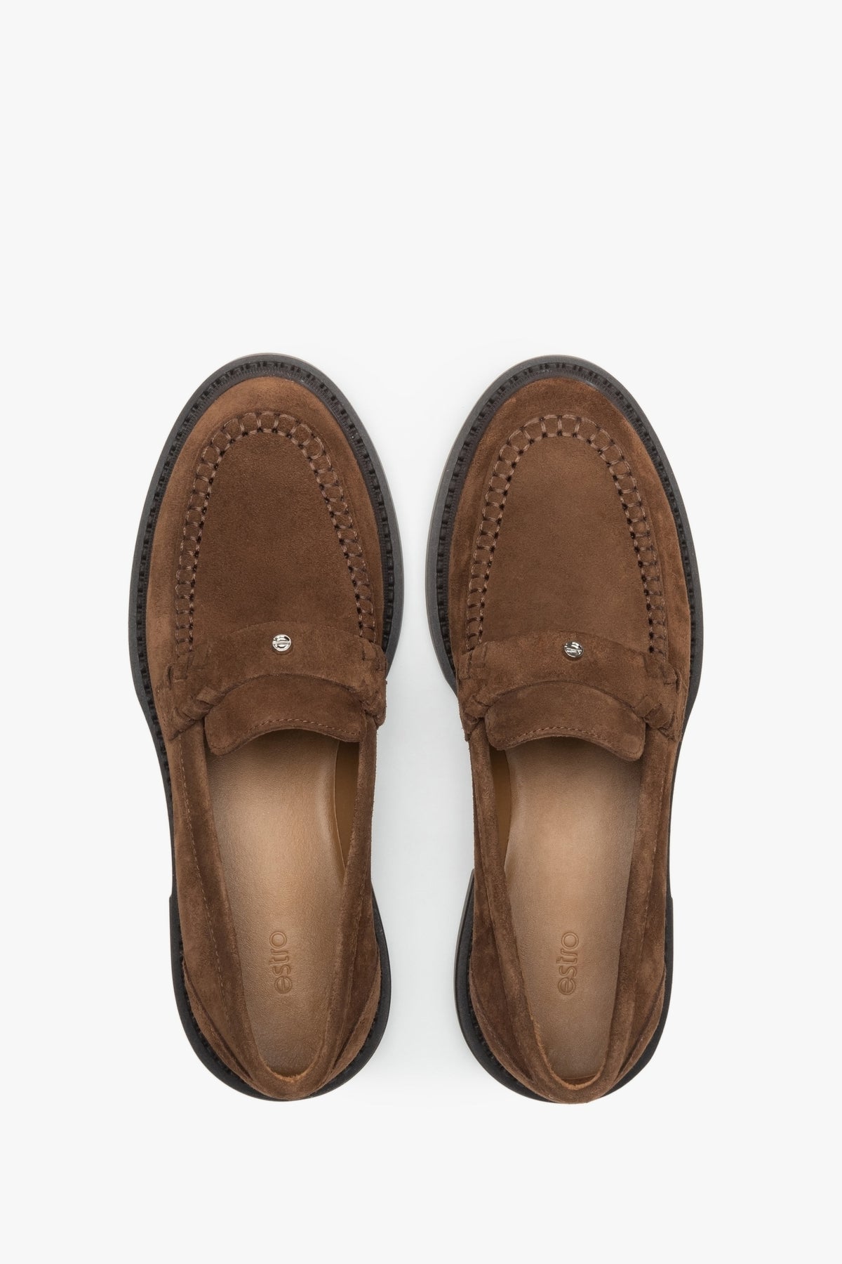 Brown velour penny loafers for women - top view of the shoes.