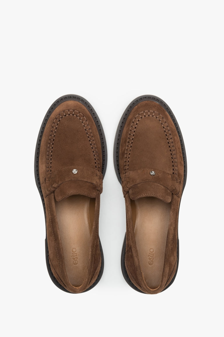 Brown velour penny loafers for women - top view of the shoes.