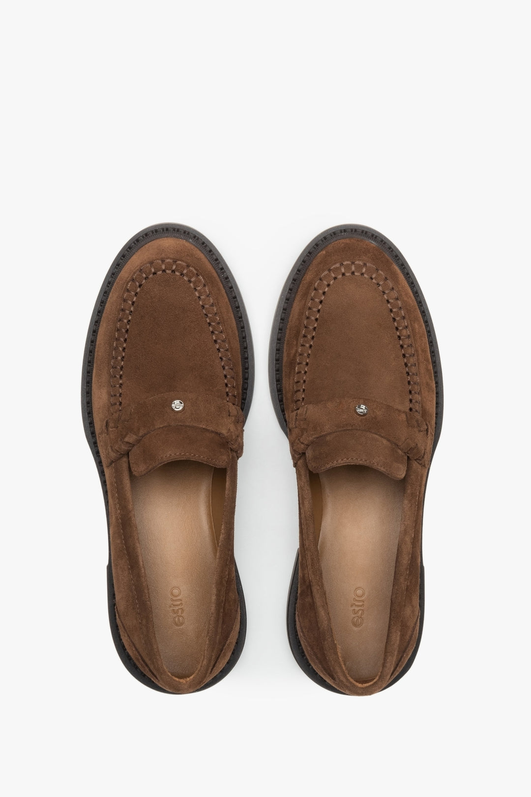Brown velour penny loafers for women - top view of the shoes.