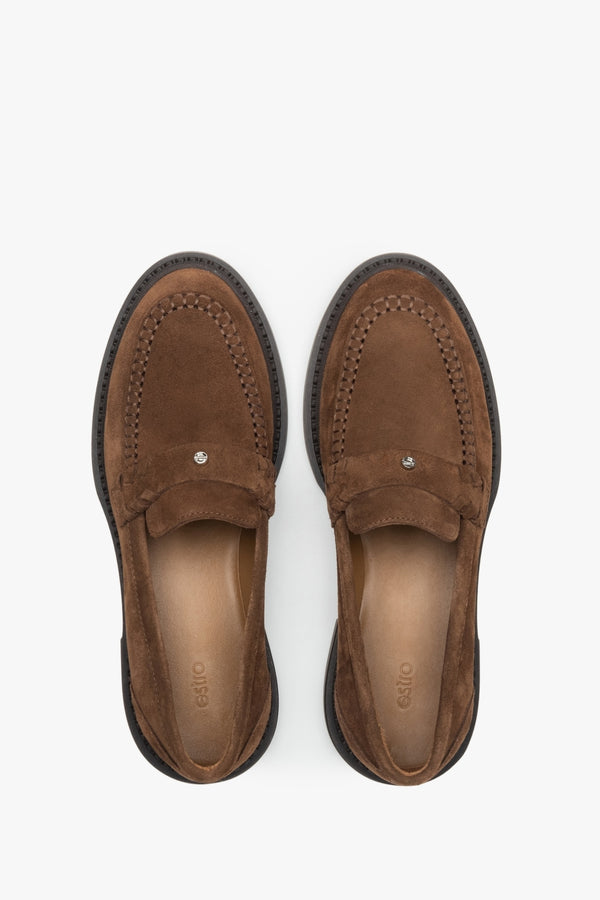 Brown velour penny loafers for women - top view of the shoes.