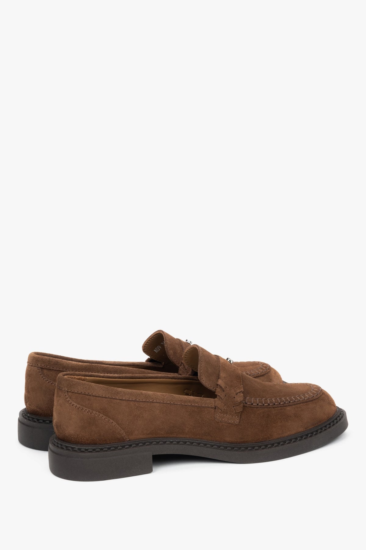 Brown velour penny loafers for women by Estro - close-up of the heel.