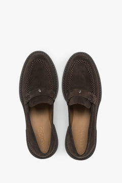 Chocolate penny loafers for women - top view of the shoes.