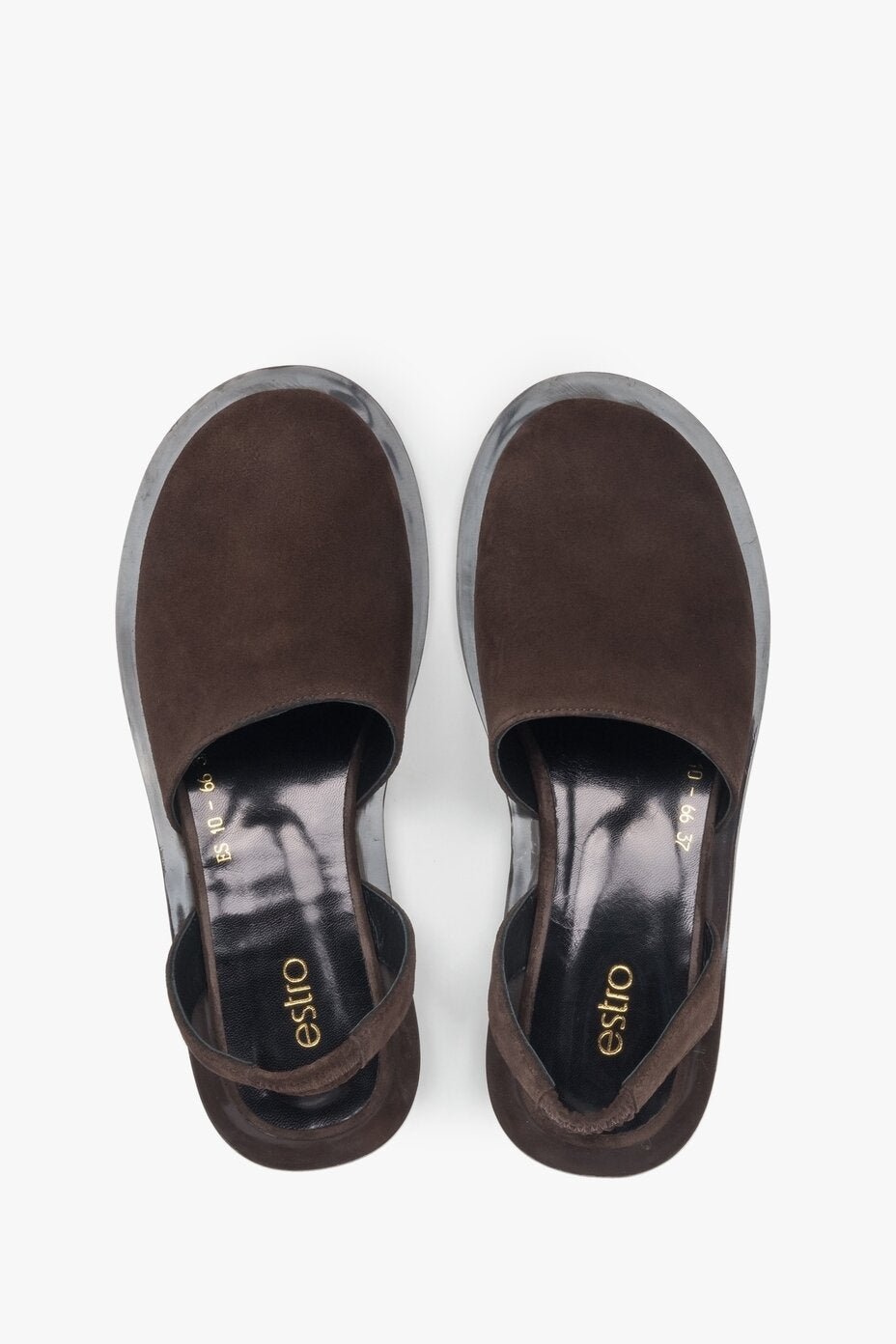 Dark brown velour sandals by Estro, perfect for transitional seasons, featuring a closed front that protects the toes.
