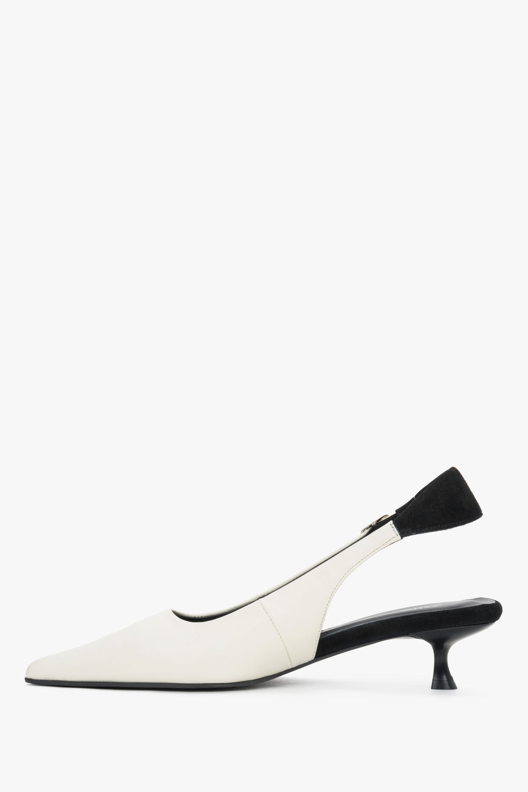 Side view of women’s white slingback heels with black strap and low funnel heel.