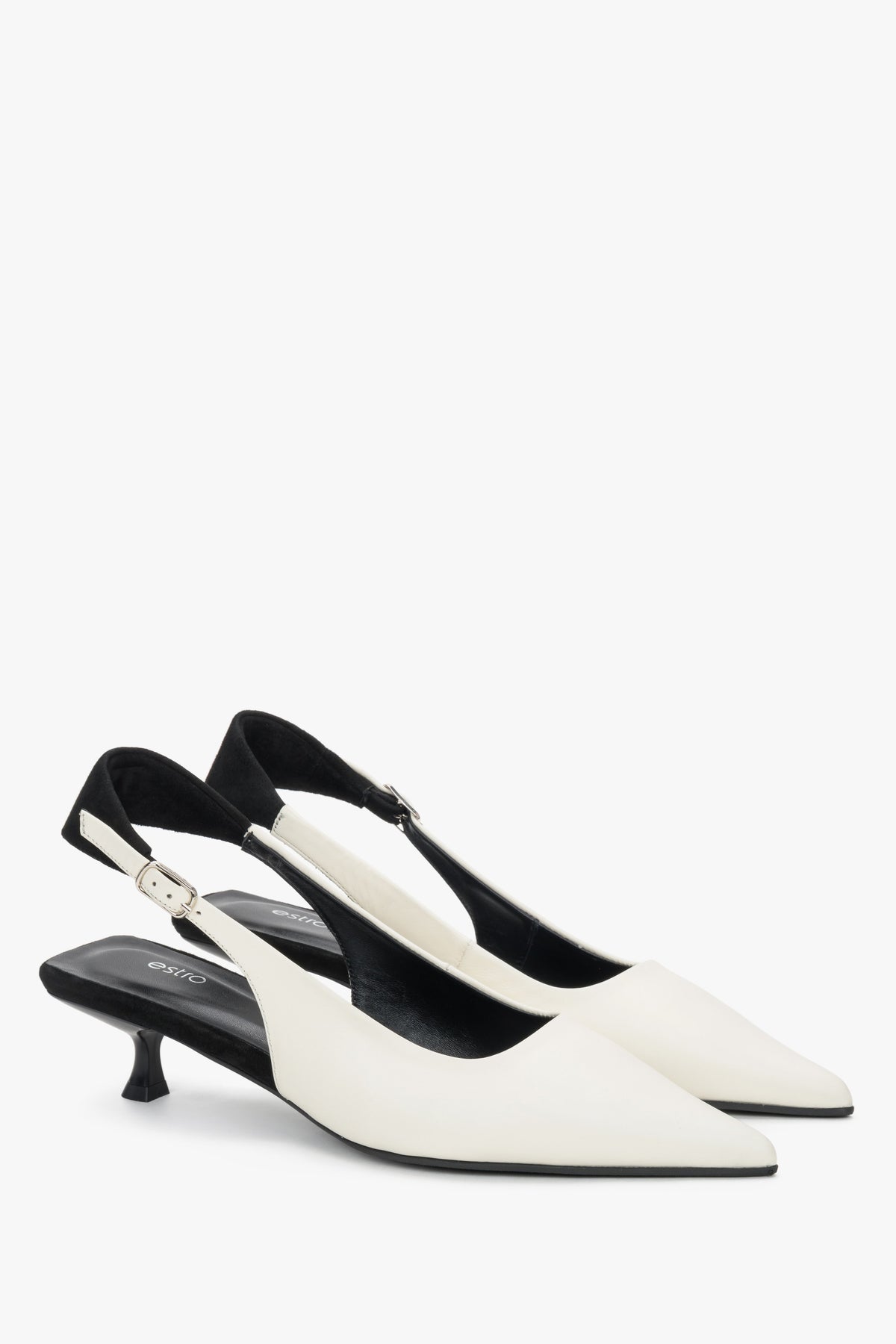 Women's milky white and black slingback kitten heel pumps Estro.