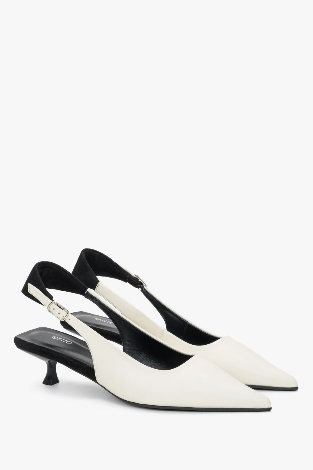 Women's milky white and black slingback kitten heel pumps Estro.