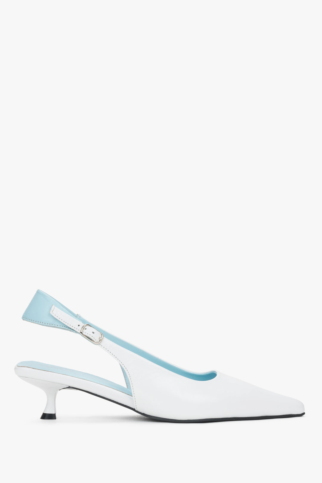 Women’s white and blue slingback kitten heels by Estro with pointed toe.