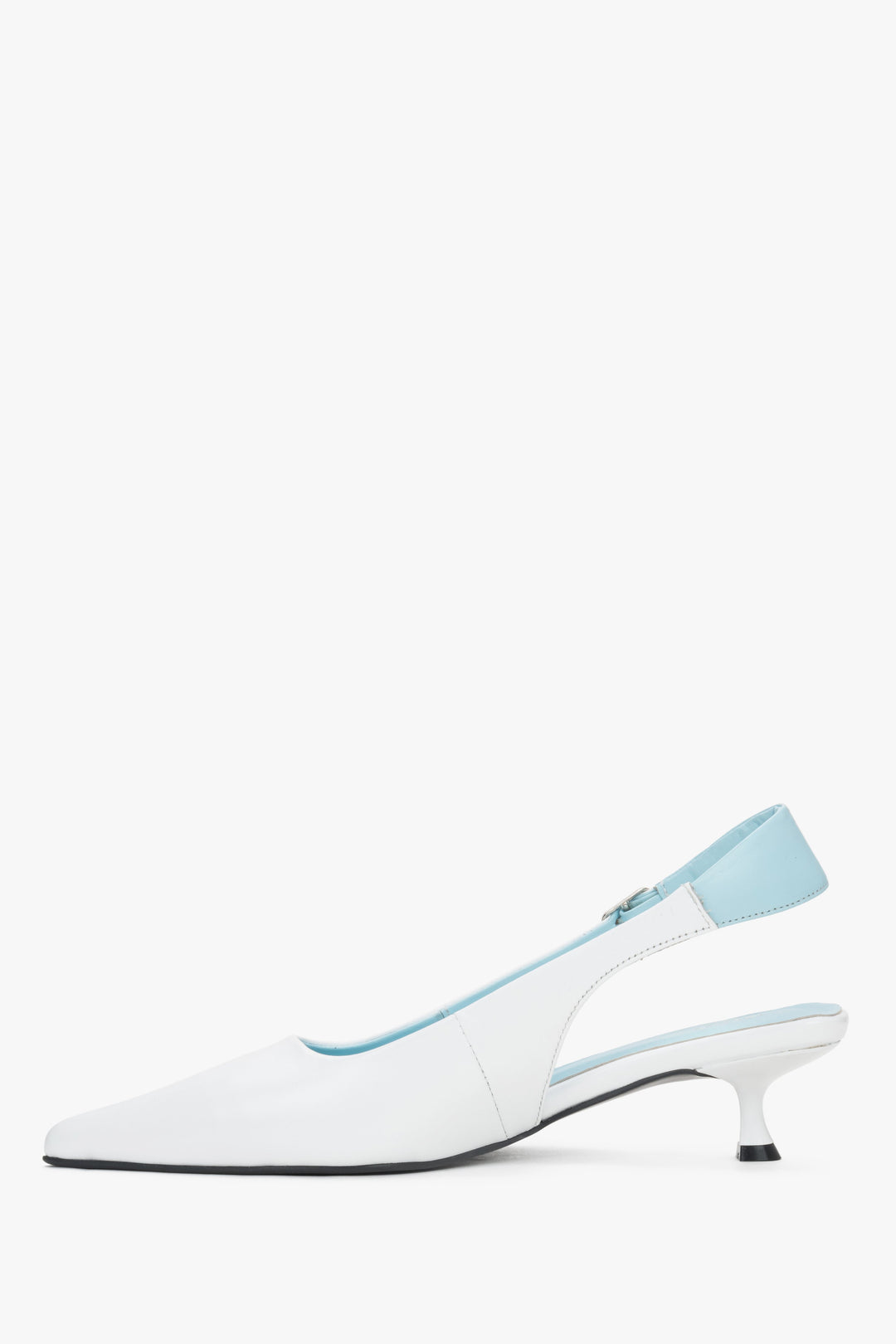Women’s white slingback shoes with blue details and low kitten heel.