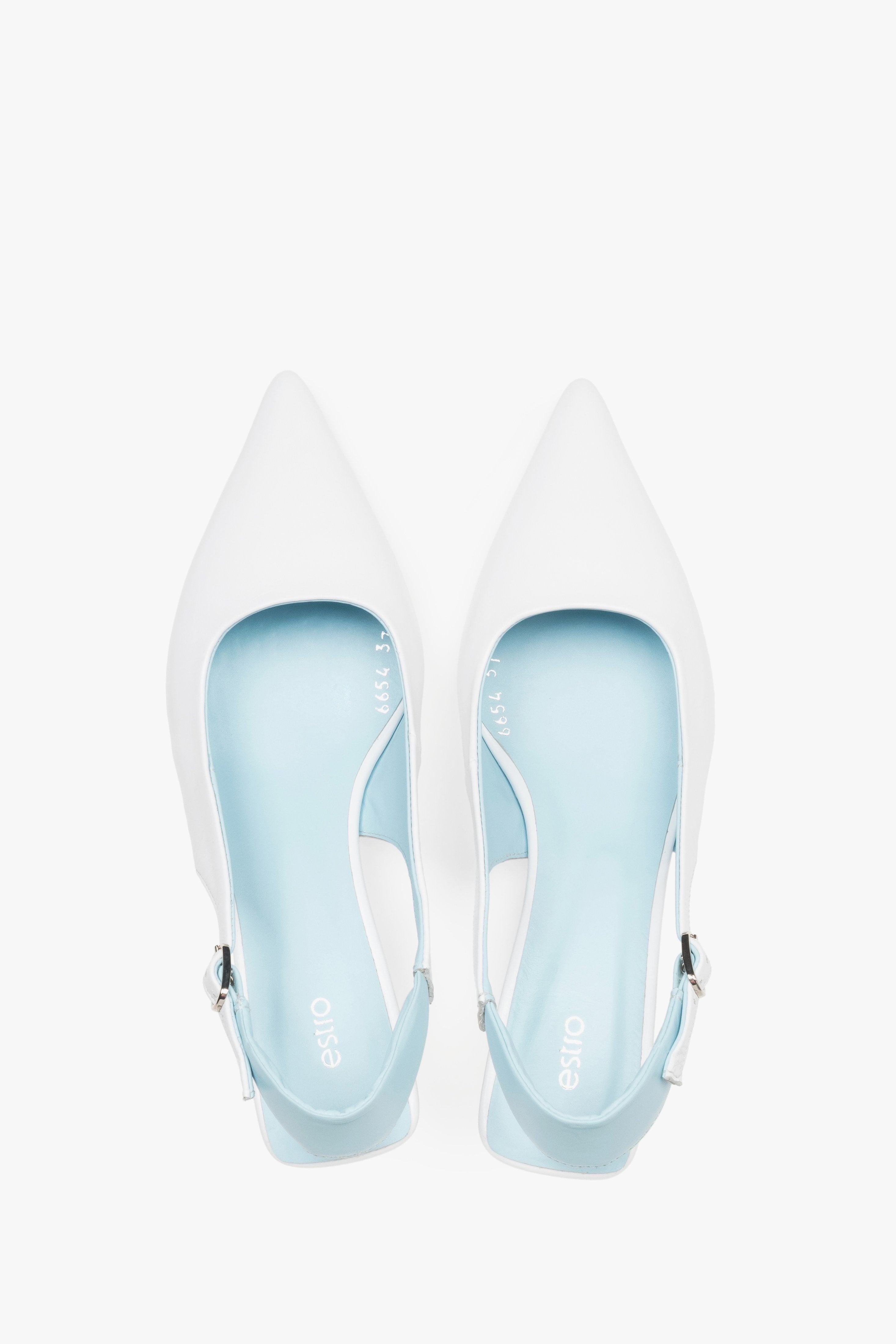 Top view of women’s white and blue leather slingback kitten heels.