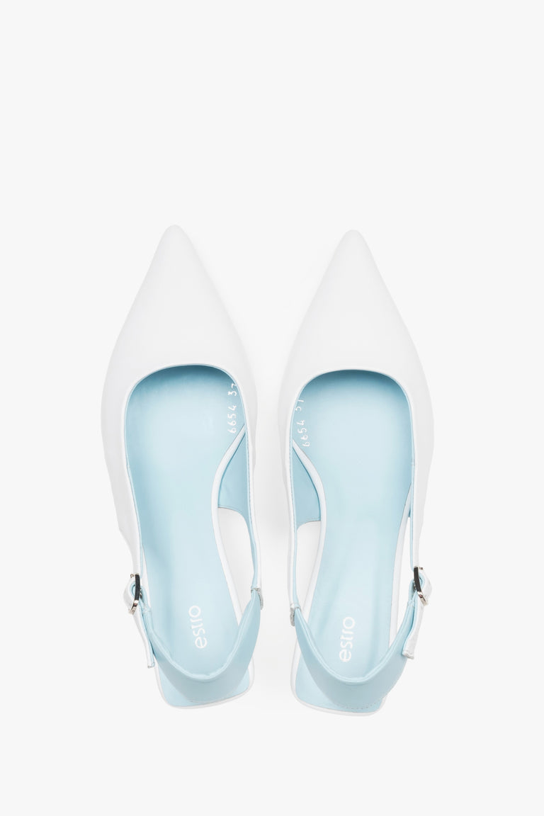 Top view of women’s white and blue leather slingback kitten heels.