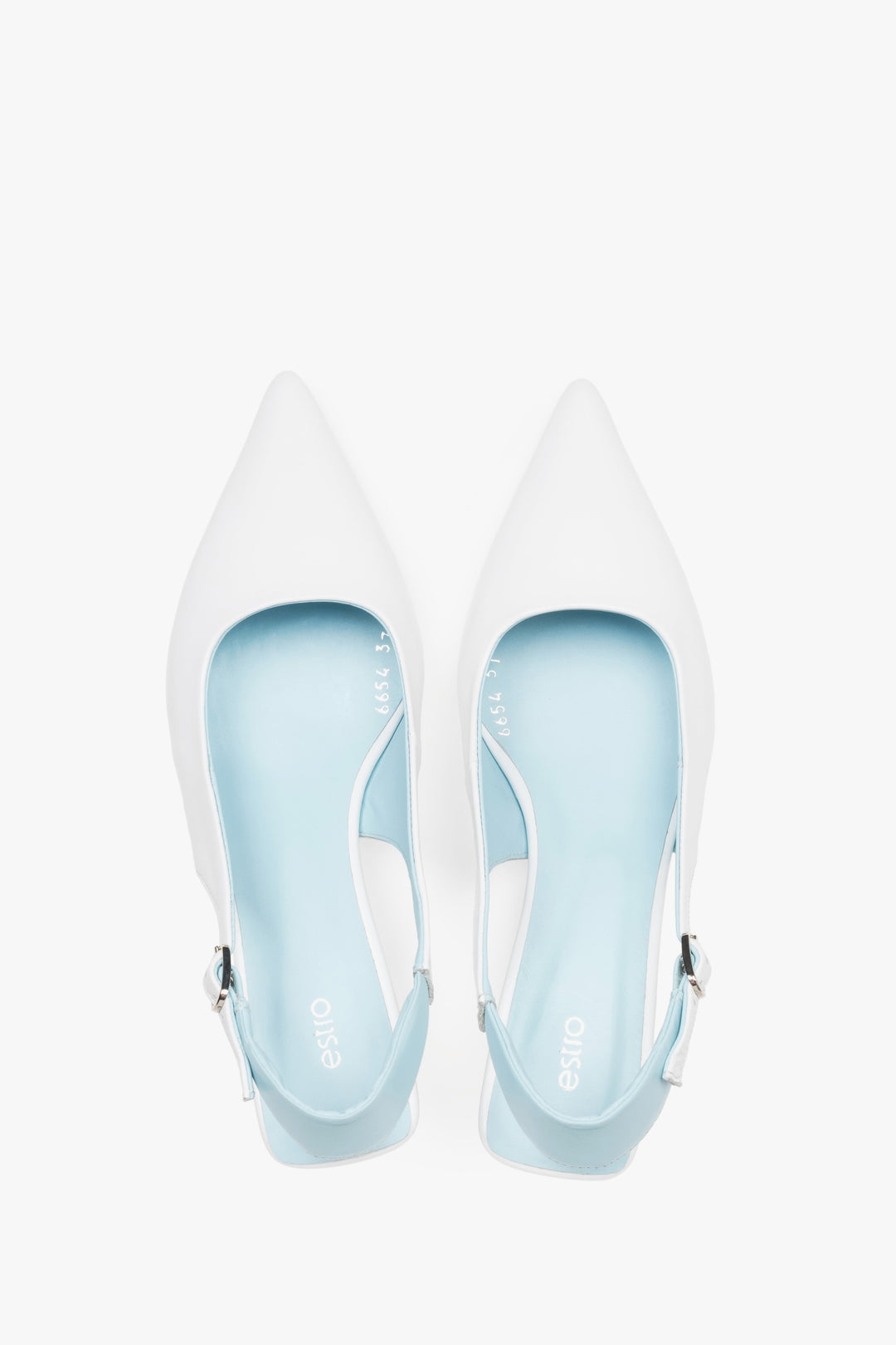 Top view of women’s white and blue leather slingback kitten heels.