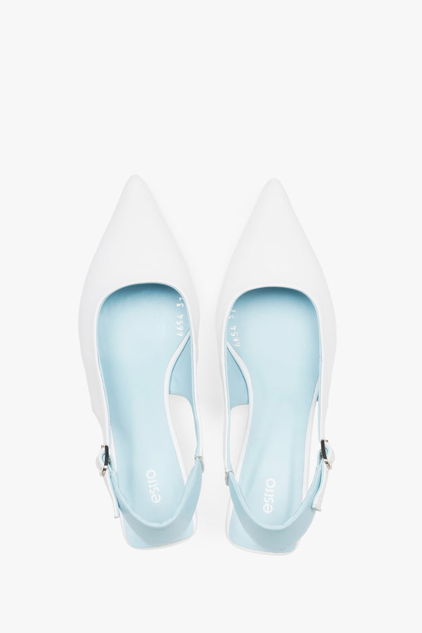 Top view of women’s white and blue leather slingback kitten heels.