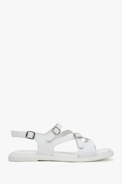 Women’s sandals, white, flat sole, made of genuine leather, with silver details, Estro.