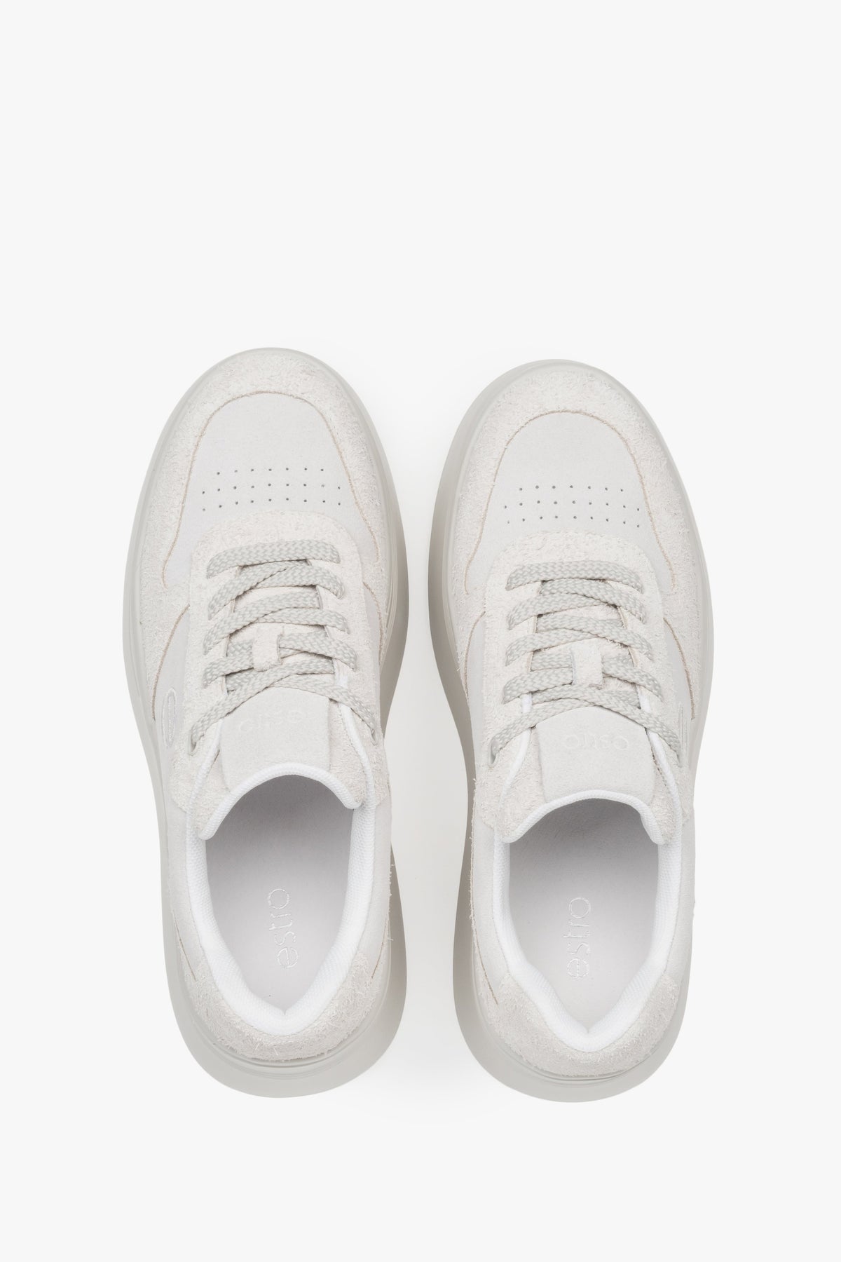 Estro women’s sneakers – soft velour, white and grey with chunky sole.