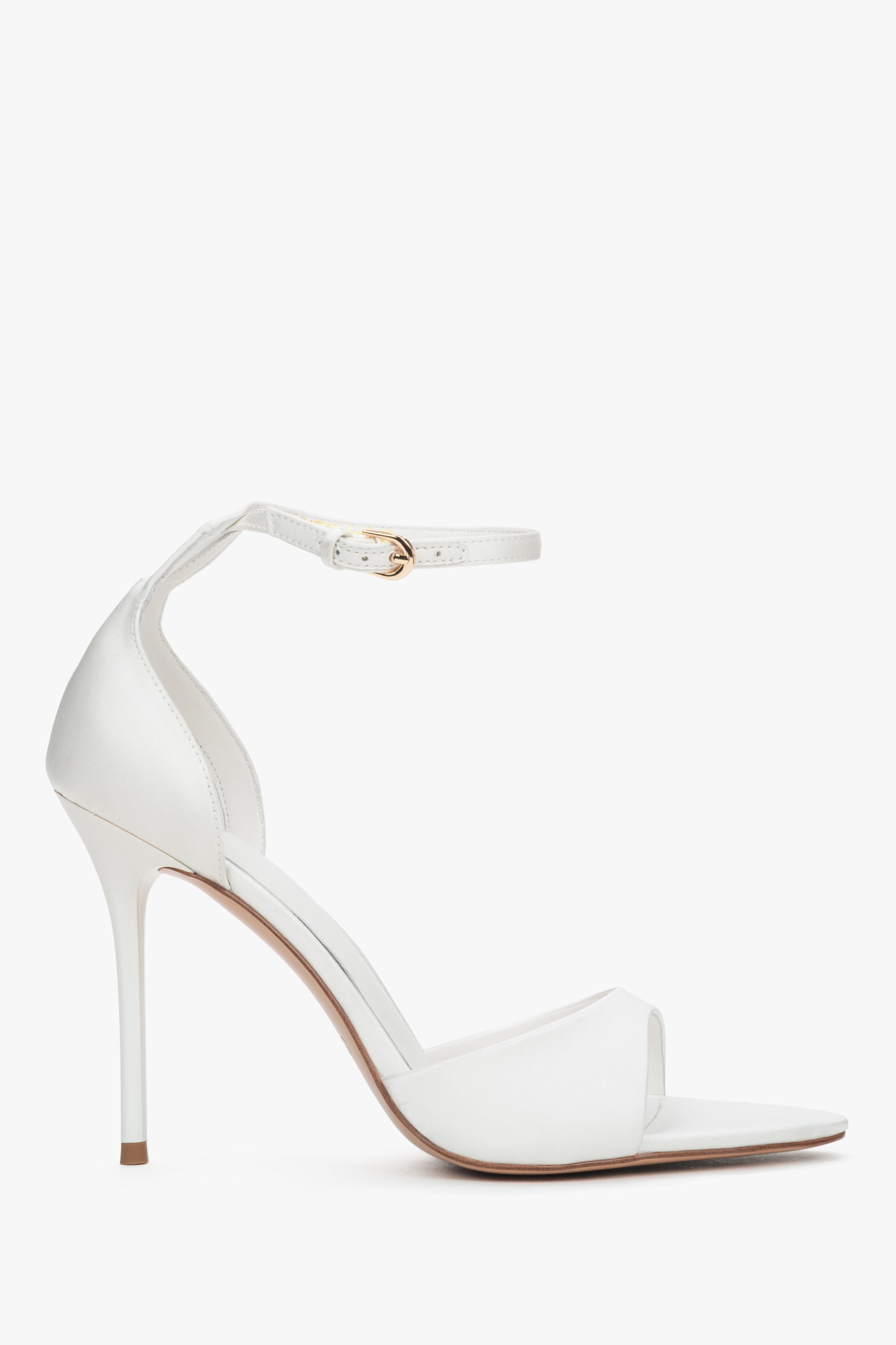 Side view of women's white high heel sandals by Estro