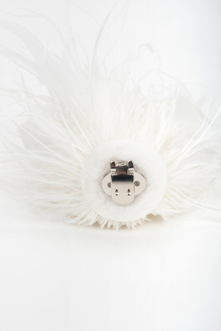 Detail view of white feather trim on women's high heel sandals
