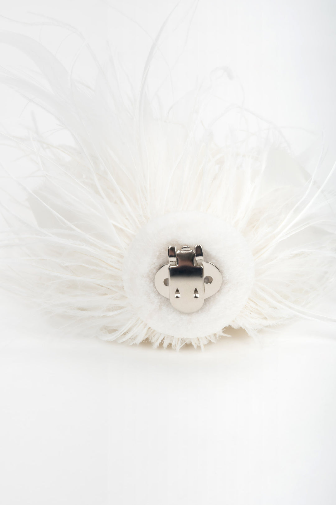 Detail view of white feather trim on women's high heel sandals