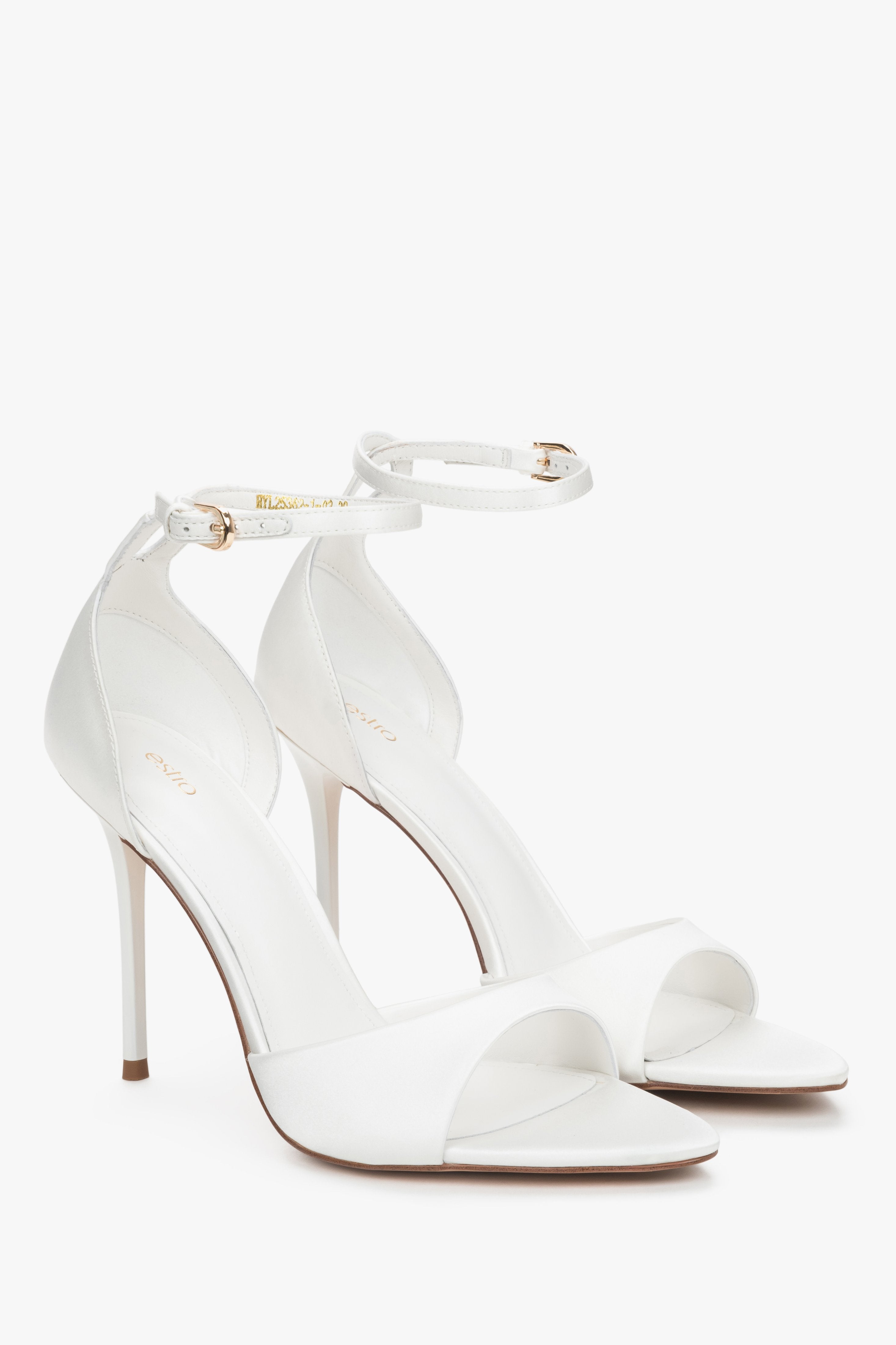 Front view of women's white high heel sandals by Estro