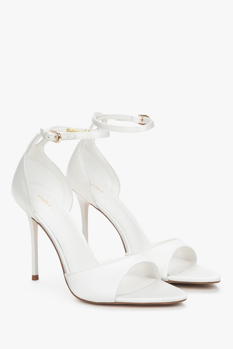 Front view of women's white high heel sandals by Estro