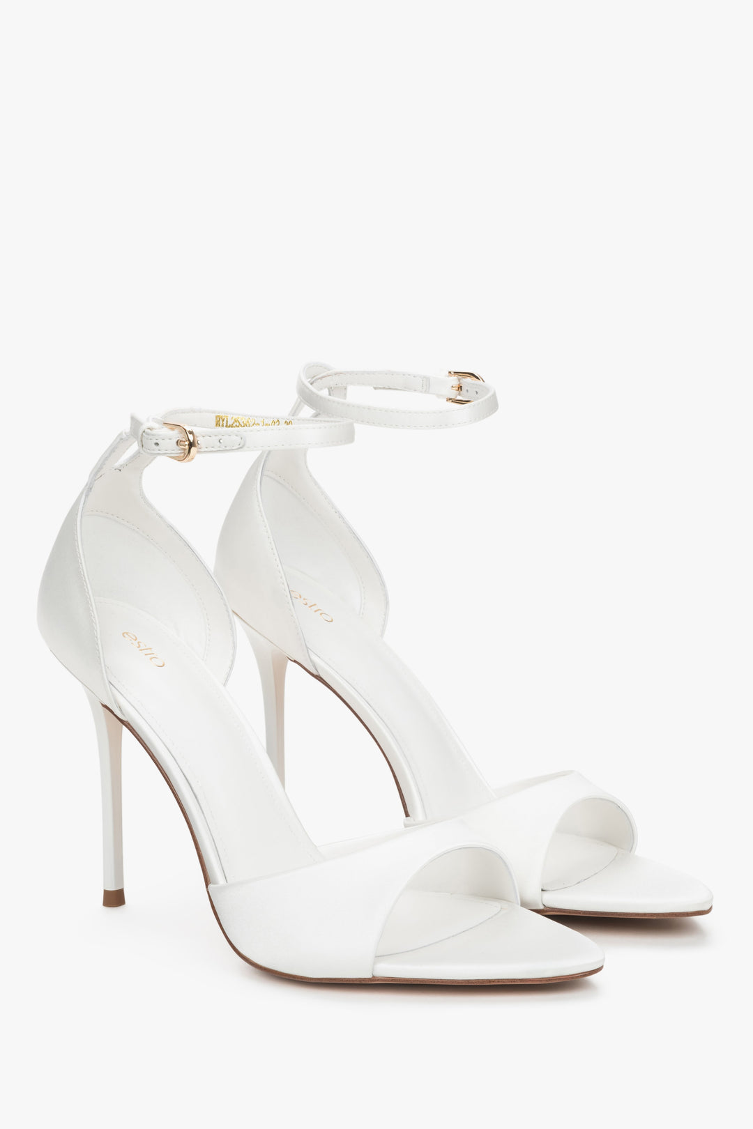 Front view of women's white high heel sandals by Estro