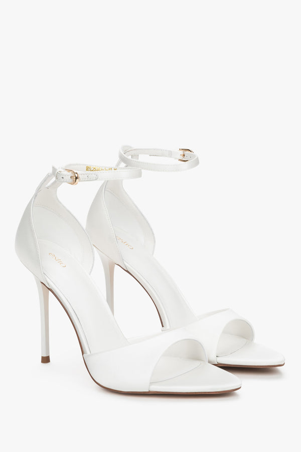 Front view of women's white high heel sandals by Estro