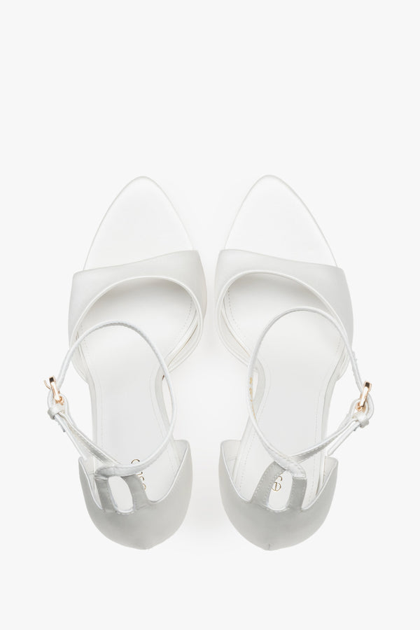 Top view of women's white high heel sandals by Estro