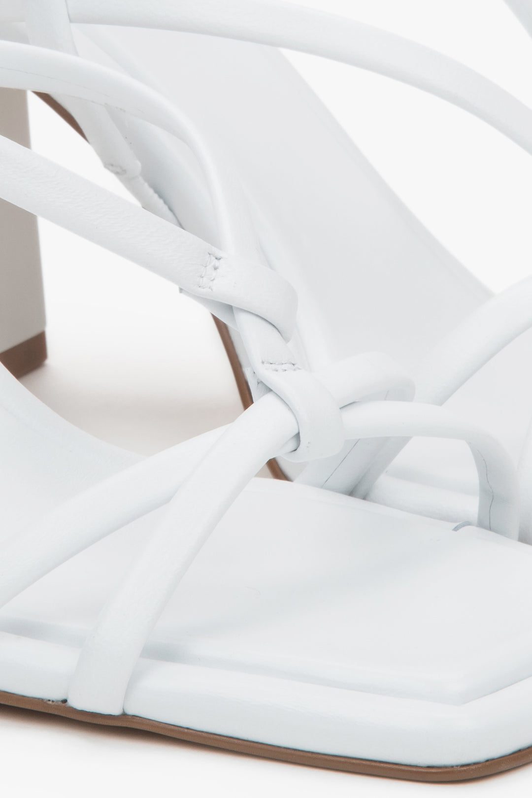 Women’s white high-heeled sandals in genuine leather by Estro – detail close-up.