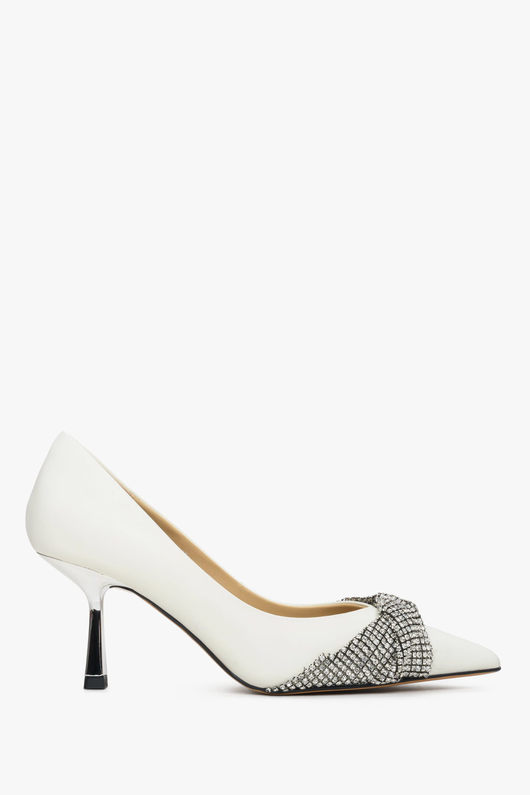 Women's white leather high heels with silver accents - shoe profile.