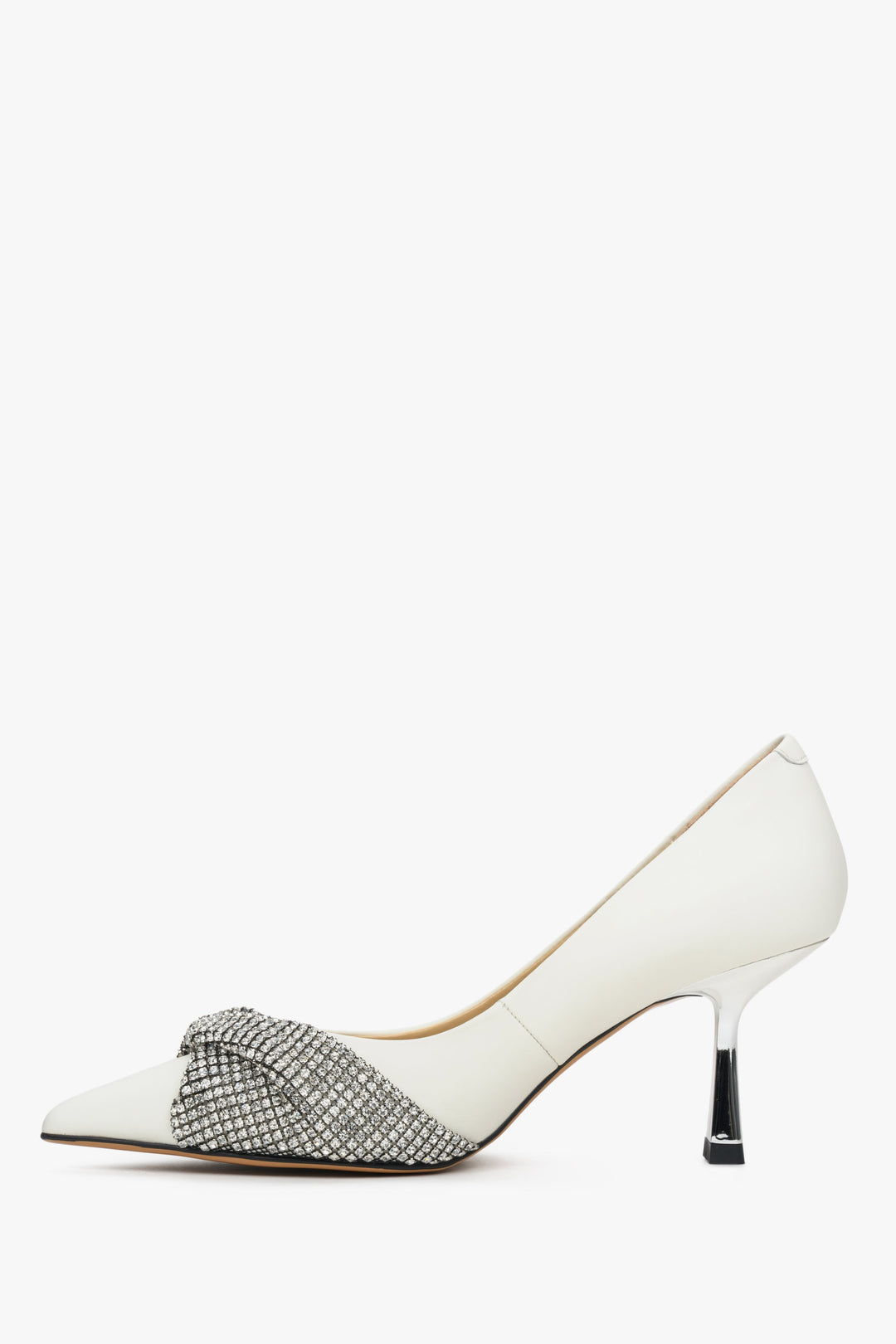 Women's white leather high heels with silver accents - shoe profile.