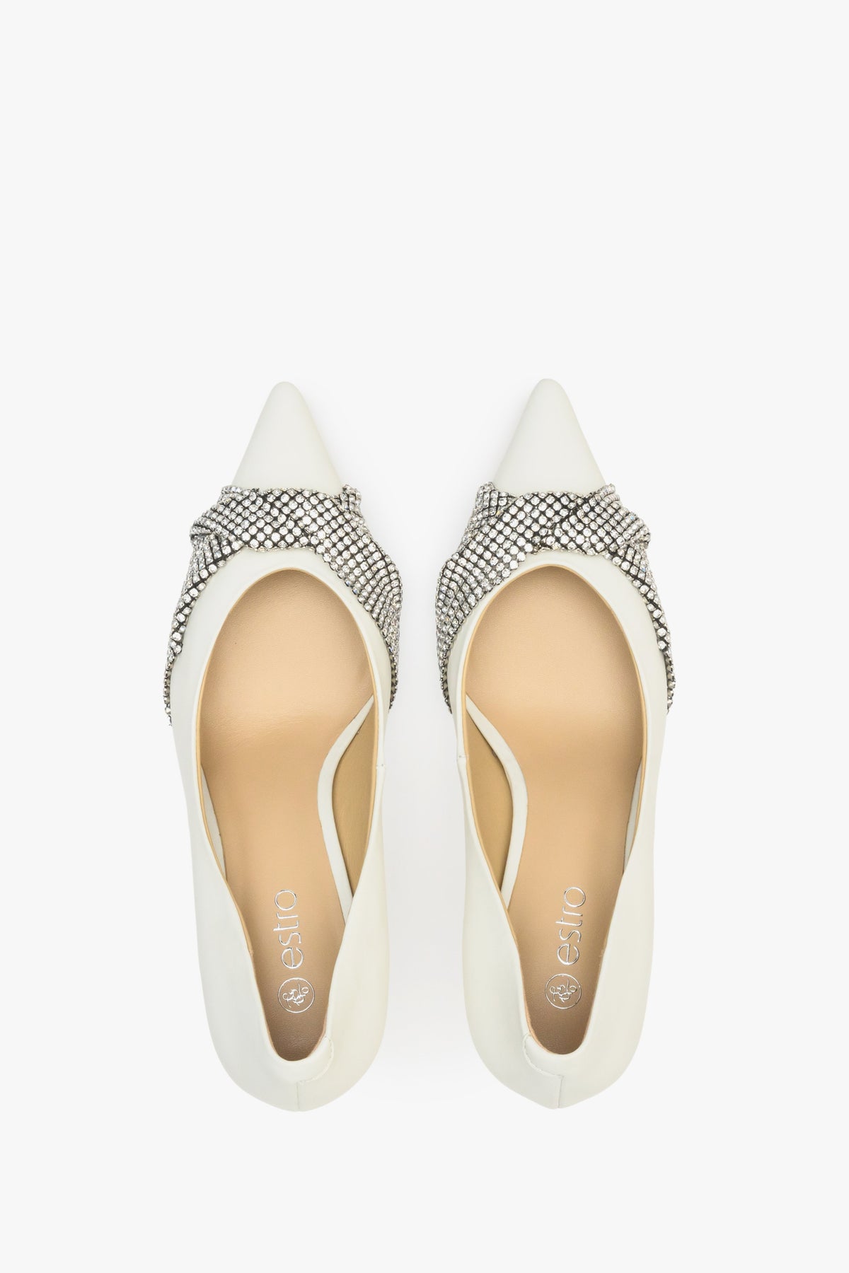 Leather women's high heels with a silver Estro application - presentation of the footwear from above.