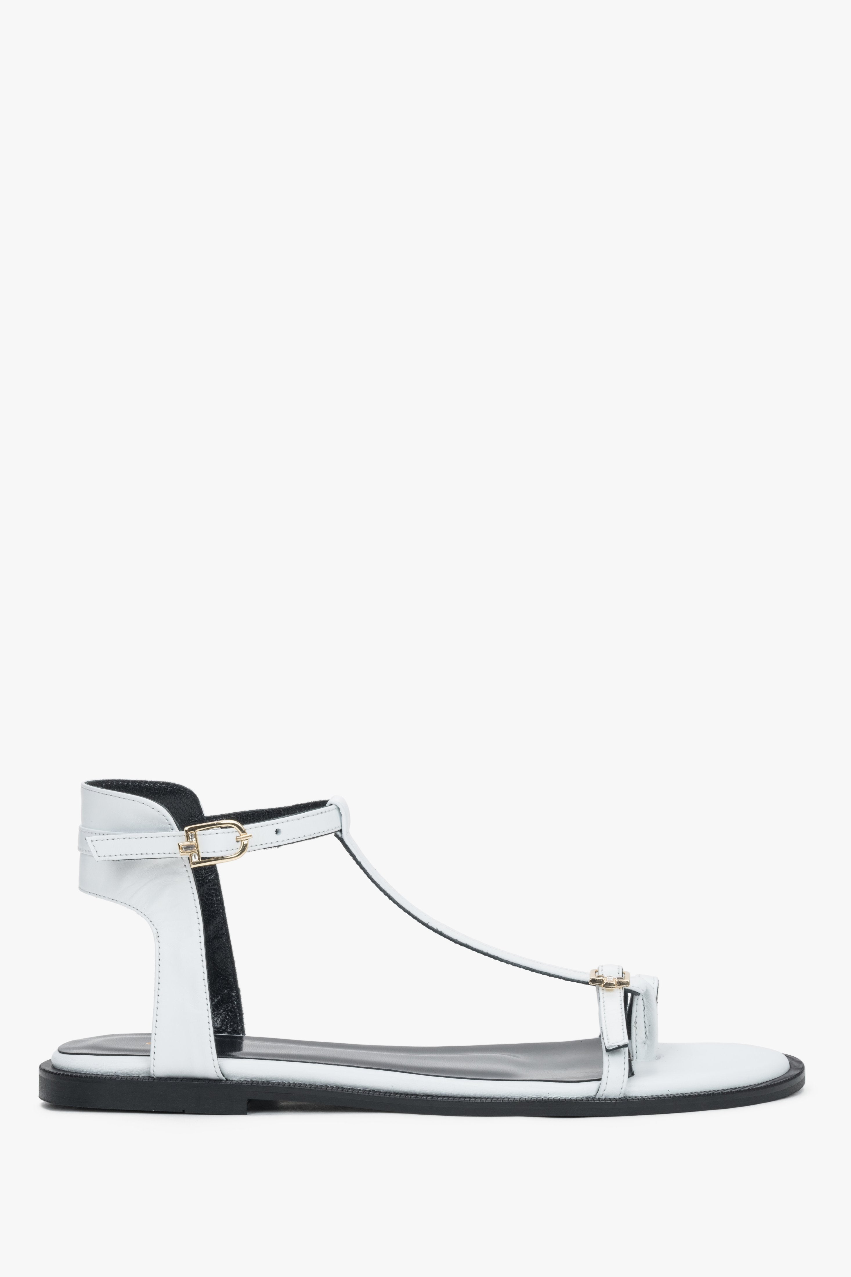 Women's white leather sandals with gold buckles and flexible TPU sole