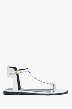 Women's white leather sandals with gold buckles and flexible TPU sole