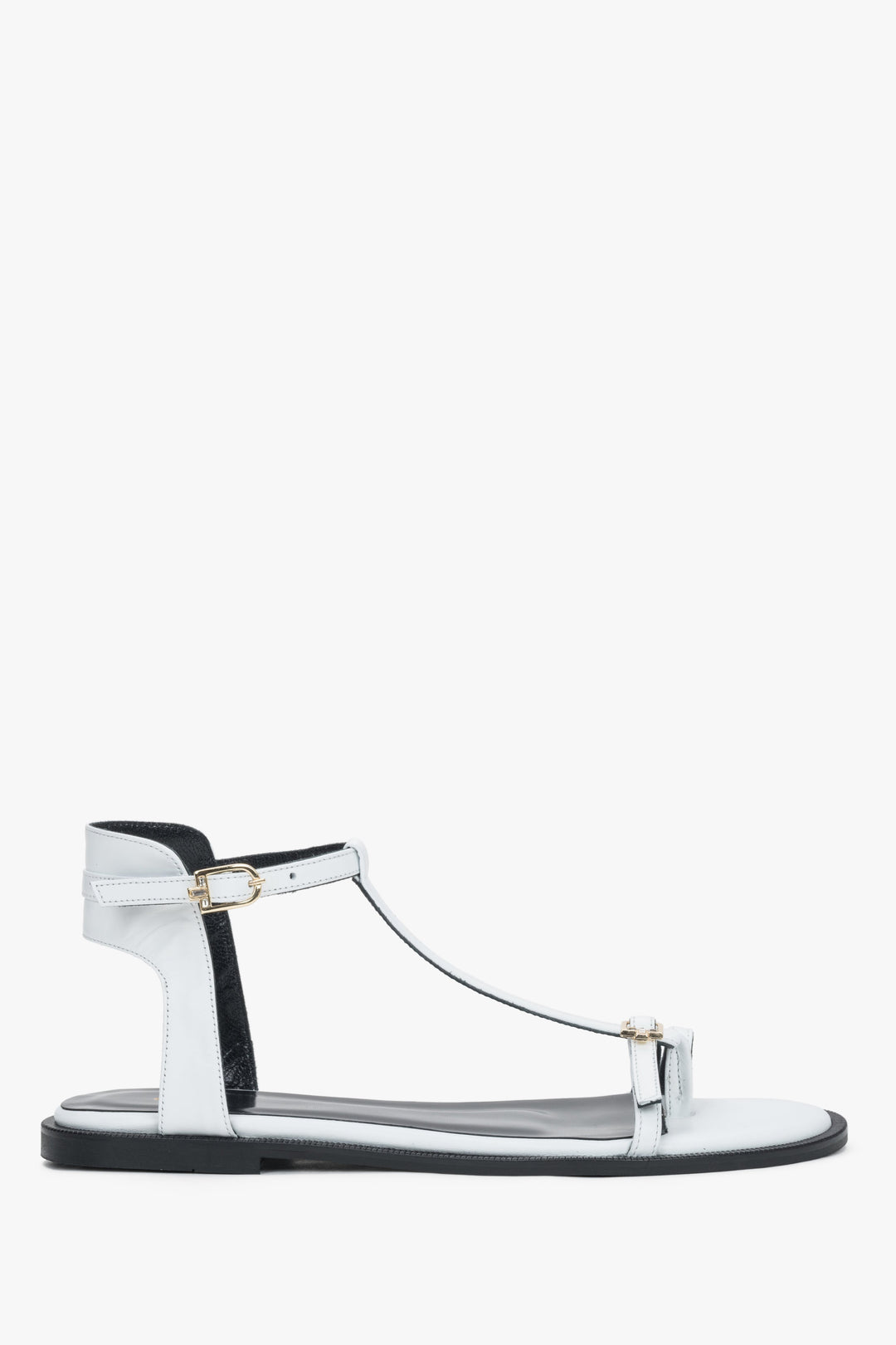 Women's white leather sandals with gold buckles and flexible TPU sole