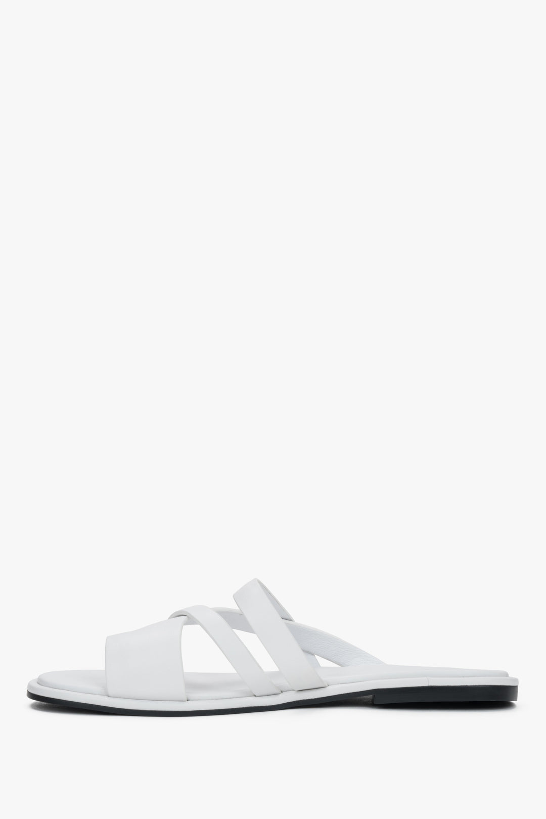 Elegant white genuine leather flat slides with a comfortable toe ring.