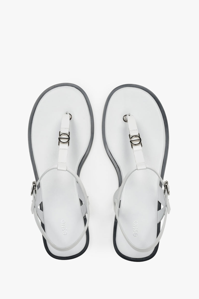 Women’s White Leather Flip-Flop Sandals with a Flat Sole Estro ER00116915.