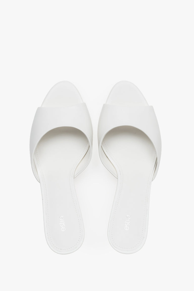 Top view of women's white leather heeled mules by Estro